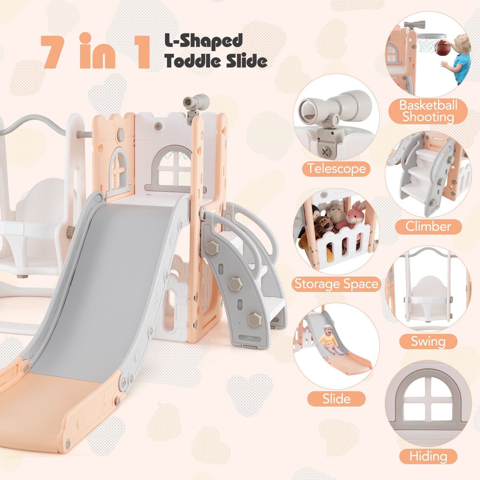 7-in-1 Toddler Swing and Slide Set L-shaped with Ladder and Basketball Hoop