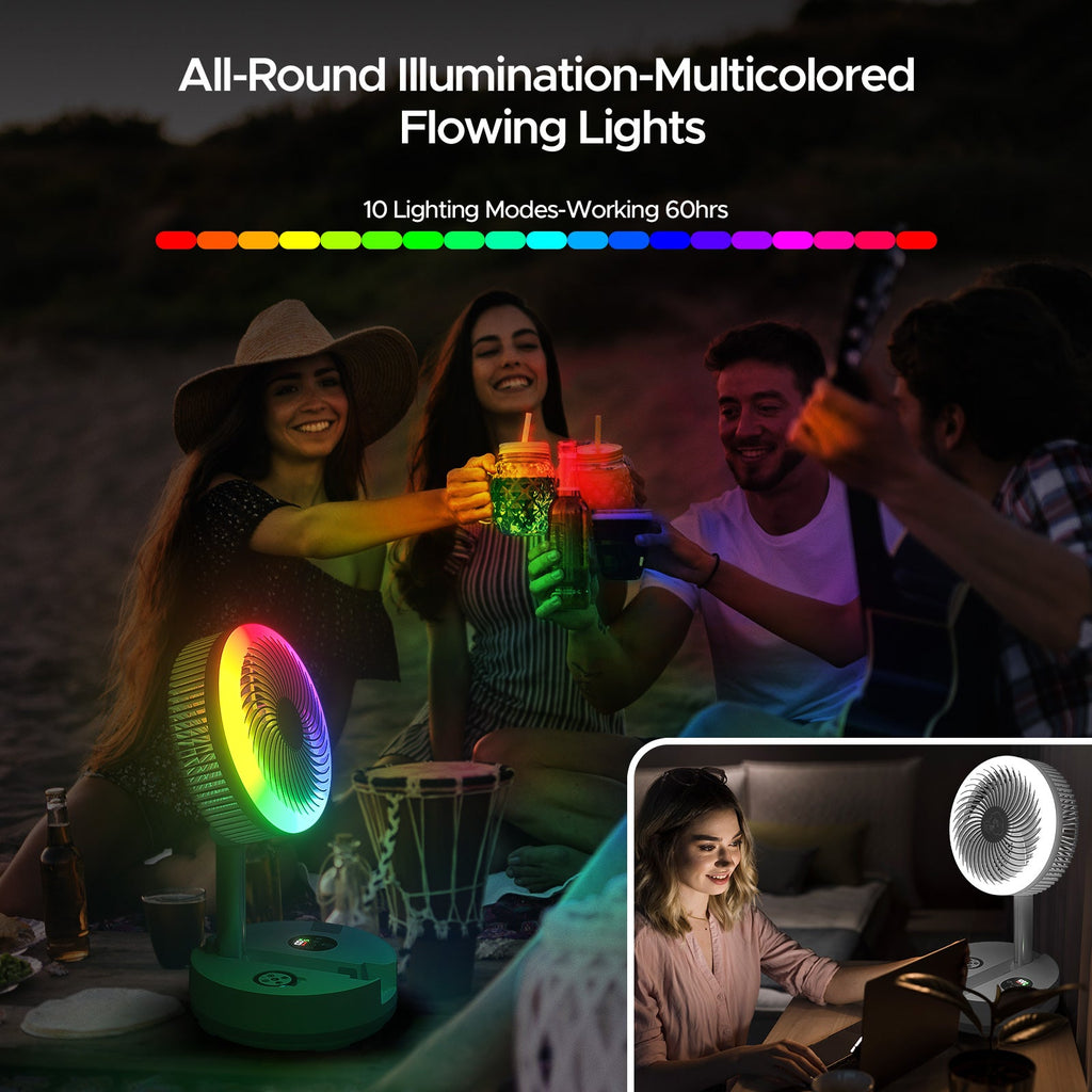 Neofeel Portable Oscillating Standing Fan, 40000mAh Rechargeable Battery Operated Fan with Remote/Timer, RGB Lighting Fan, Pedestal Floor Fan for Bedroom Party Camping (White, 40000mAh)
