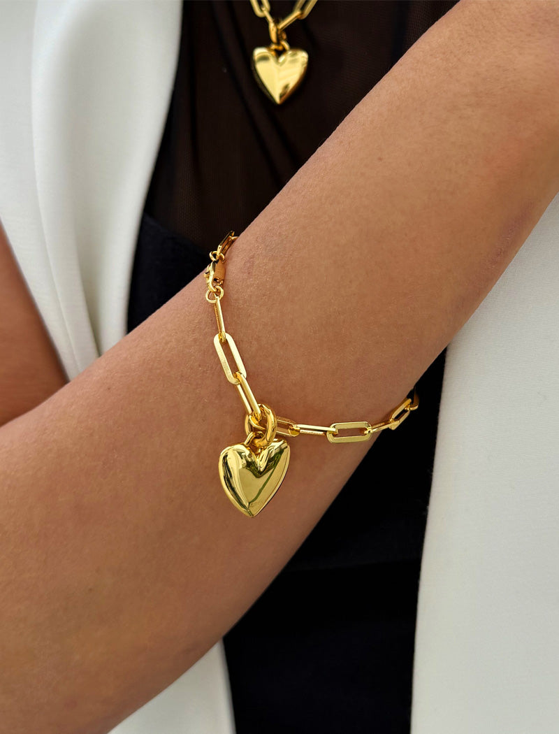 PUFFY HEART Charm Medium Paperclip Chain Bracelet