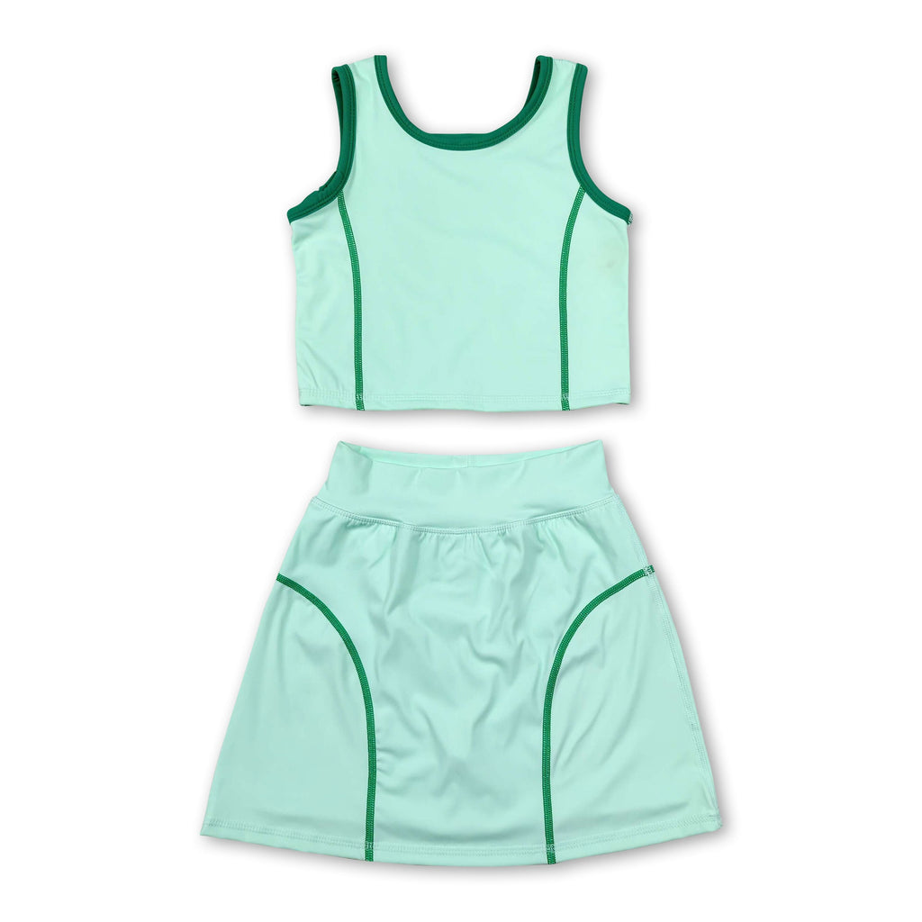 Sleeveless light green top high waist skirt girls activewear set