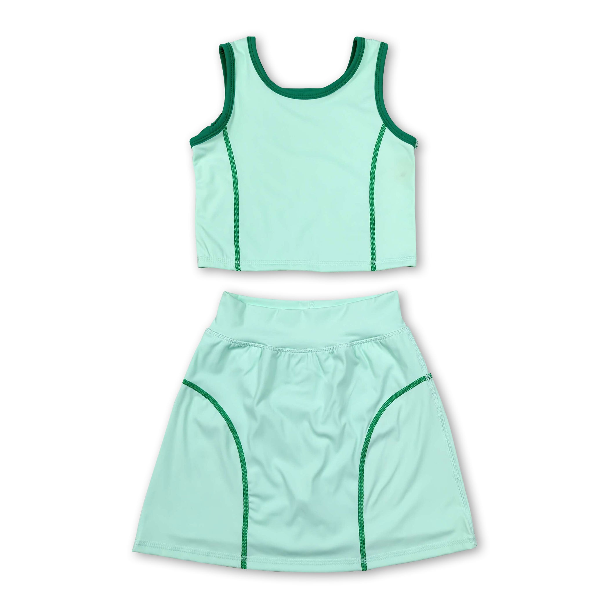 Sleeveless light green top high waist skirt girls activewear set