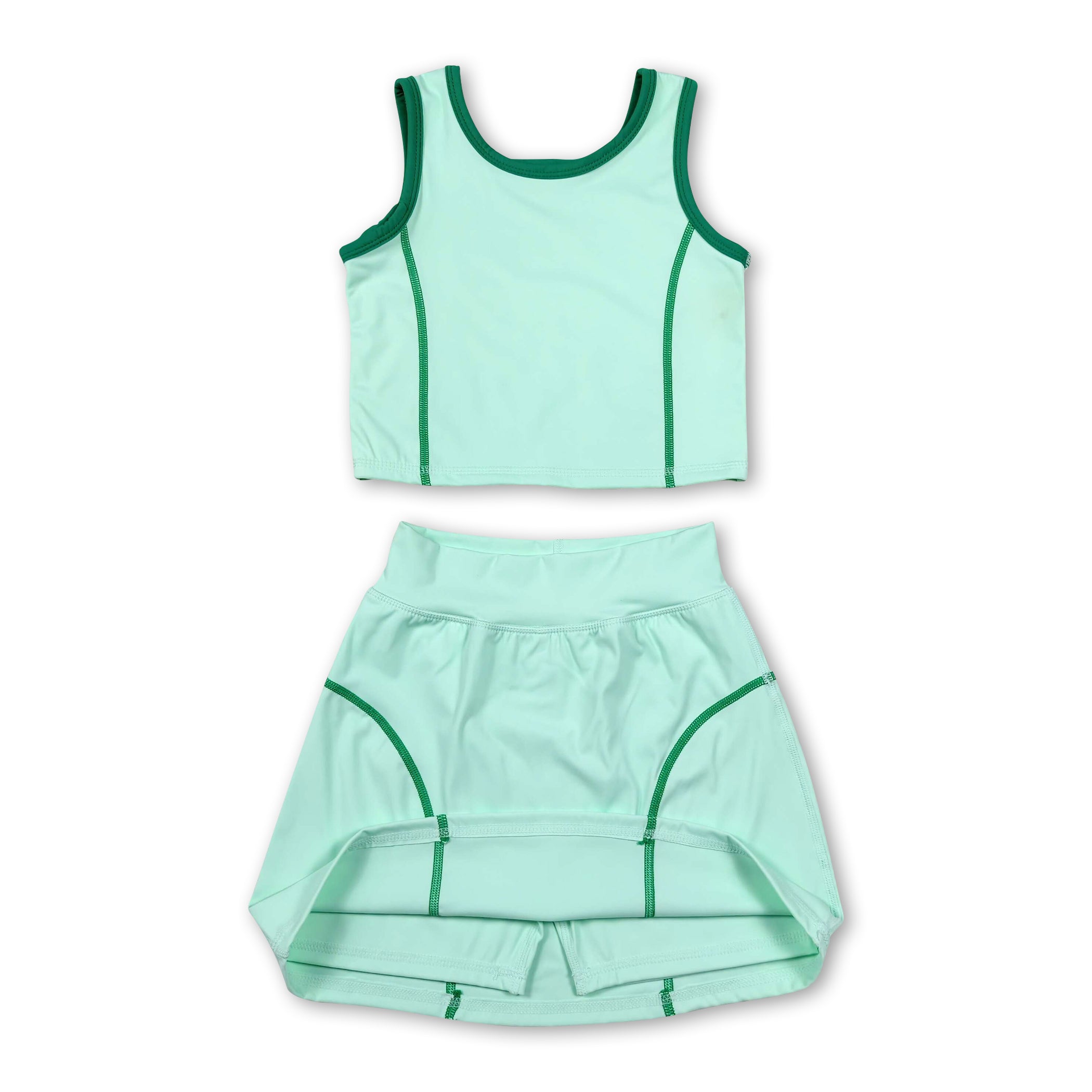 Sleeveless light green top high waist skirt girls activewear set