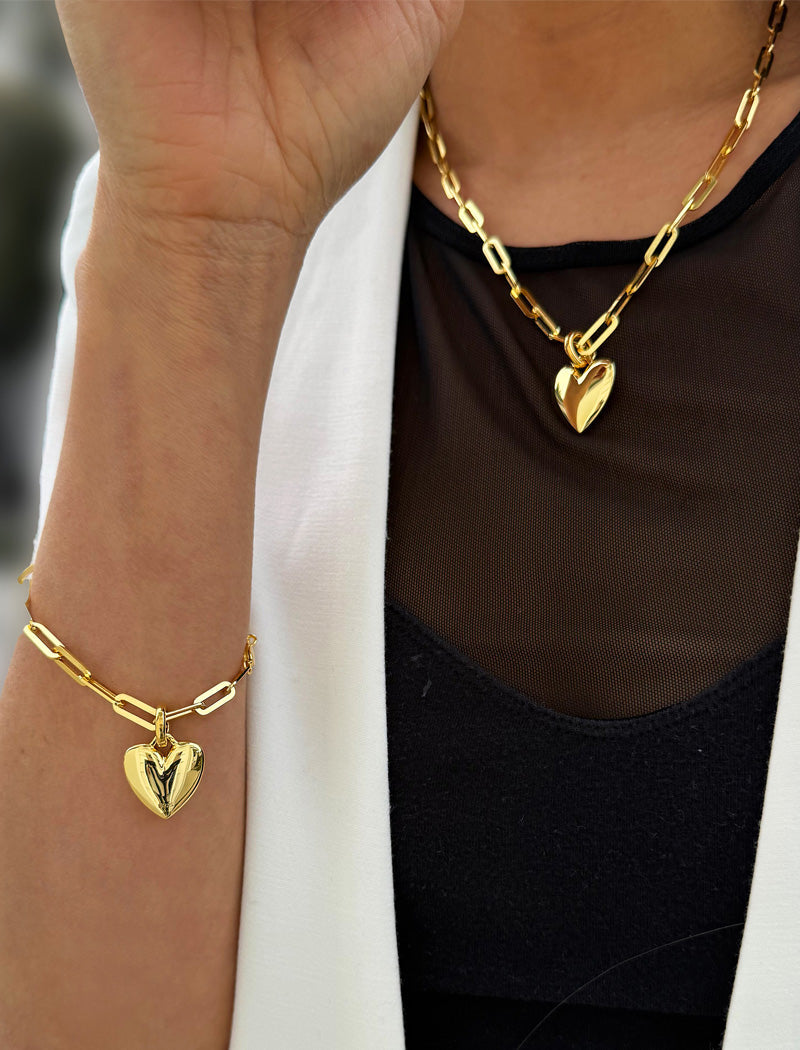 PUFFY HEART Charm Medium Paperclip Chain Bracelet