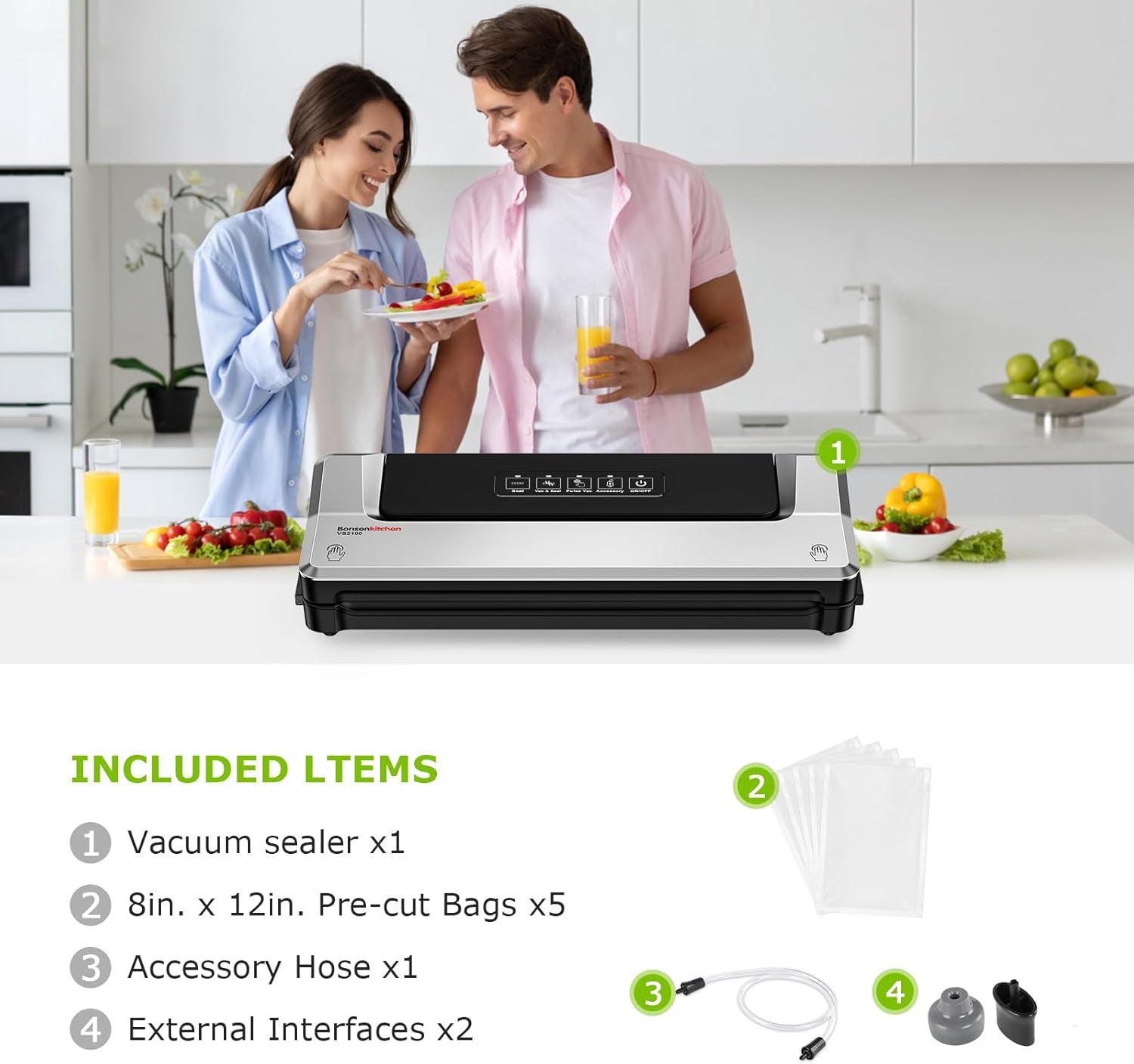 Bonsenkitchen Vacuum Sealer Machine | Compact Food Sealer for Kitchen Storage & Meal Prep | Multiple Modes | External Vacuum System | 5 Bags, Silver